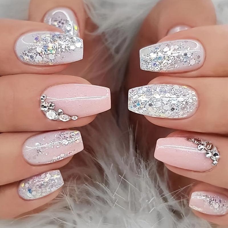 24 pcs Glossy Rhinestone Press On Nails Long Square Stylish Look