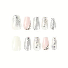 24 pcs Glossy Rhinestone Press On Nails Long Square Stylish Look