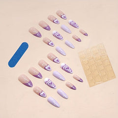 24pcs Purple Heart Swirl Star Press On Nails Glossy Full Cover False Nails