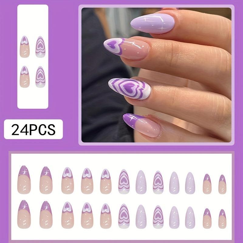24pcs Purple Heart Swirl Star Press On Nails Glossy Full Cover False Nails