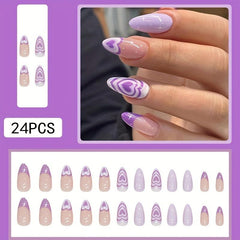 24pcs Purple Heart Swirl Star Press On Nails Glossy Full Cover False Nails