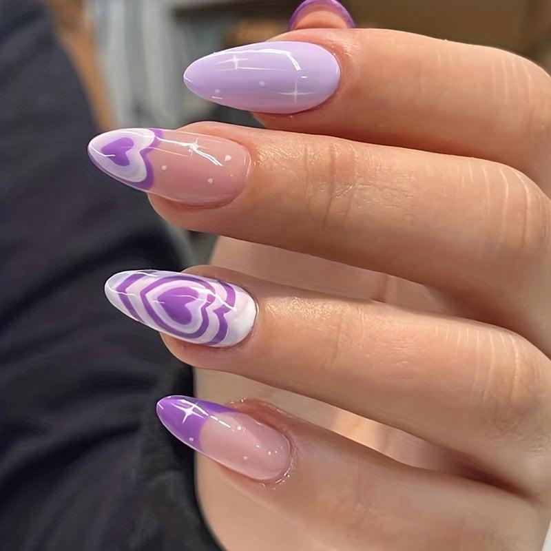 24pcs Purple Heart Swirl Star Press On Nails Glossy Full Cover False Nails