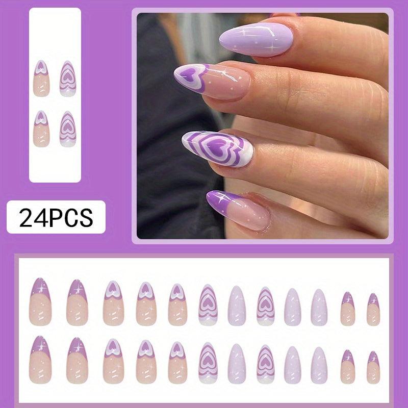 24pcs Purple Heart Swirl Star Press On Nails Glossy Full Cover False Nails