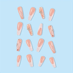 24pcs Pink Glitter French Tip Coffin Fake Nails with 3D Butterfly and Flower