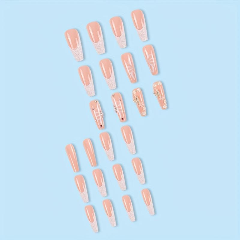 24pcs Pink Glitter French Tip Coffin Fake Nails with 3D Butterfly and Flower