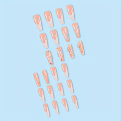 24pcs Pink Glitter French Tip Coffin Fake Nails with 3D Butterfly and Flower