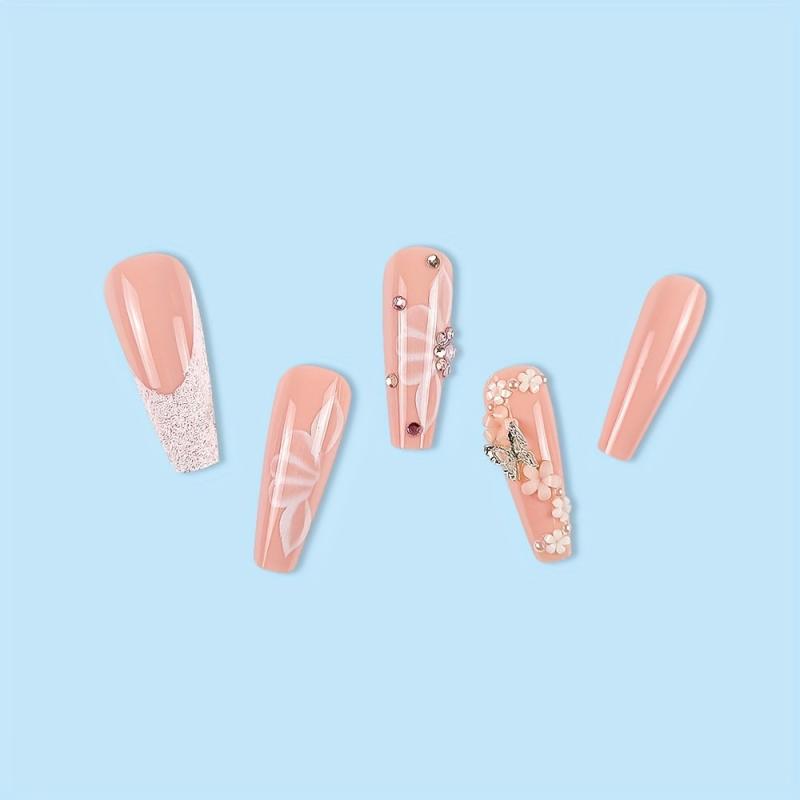 24pcs Pink Glitter French Tip Coffin Fake Nails with 3D Butterfly and Flower