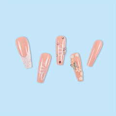 24pcs Pink Glitter French Tip Coffin Fake Nails with 3D Butterfly and Flower
