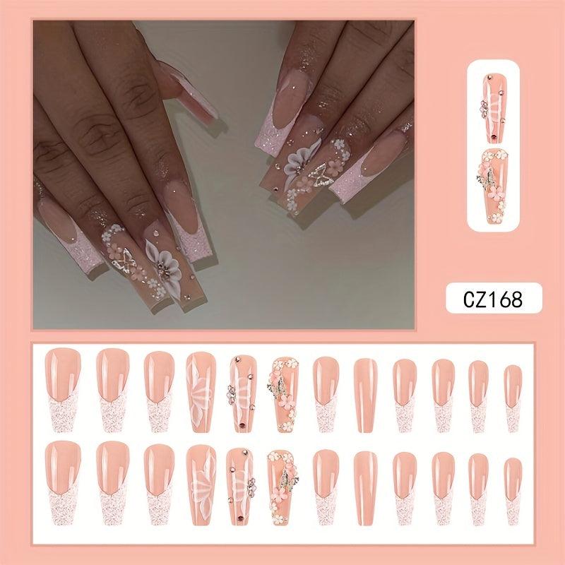 24pcs Pink Glitter French Tip Coffin Fake Nails with 3D Butterfly and Flower