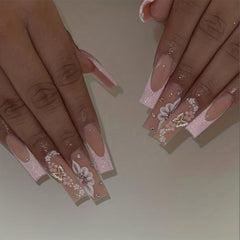 24pcs Pink Glitter French Tip Coffin Fake Nails with 3D Butterfly and Flower