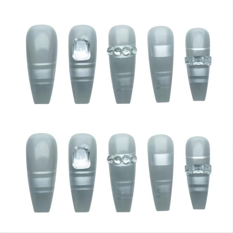 24 pcs Silver Coffin Press On Nails Glossy French Tips Universe Design