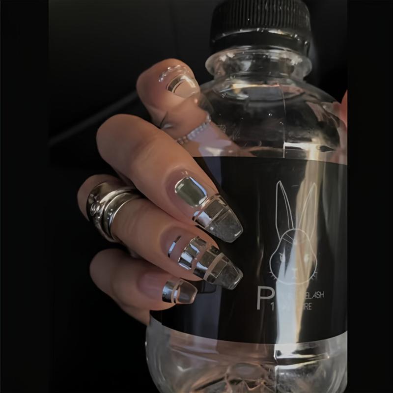 24 pcs Silver Coffin Press On Nails Glossy French Tips Universe Design