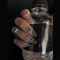 24 pcs Silver Coffin Press On Nails Glossy French Tips Universe Design