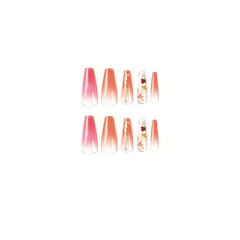 24 pcs Gradient Maple Leaf Coffin Nails with Glitter Sequins and Glue