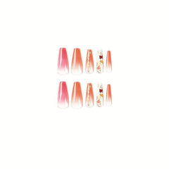 24 pcs Gradient Maple Leaf Coffin Nails with Glitter Sequins and Glue
