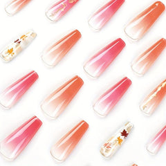 24 pcs Gradient Maple Leaf Coffin Nails with Glitter Sequins and Glue