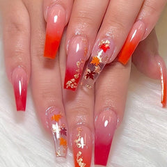 24 pcs Gradient Maple Leaf Coffin Nails with Glitter Sequins and Glue