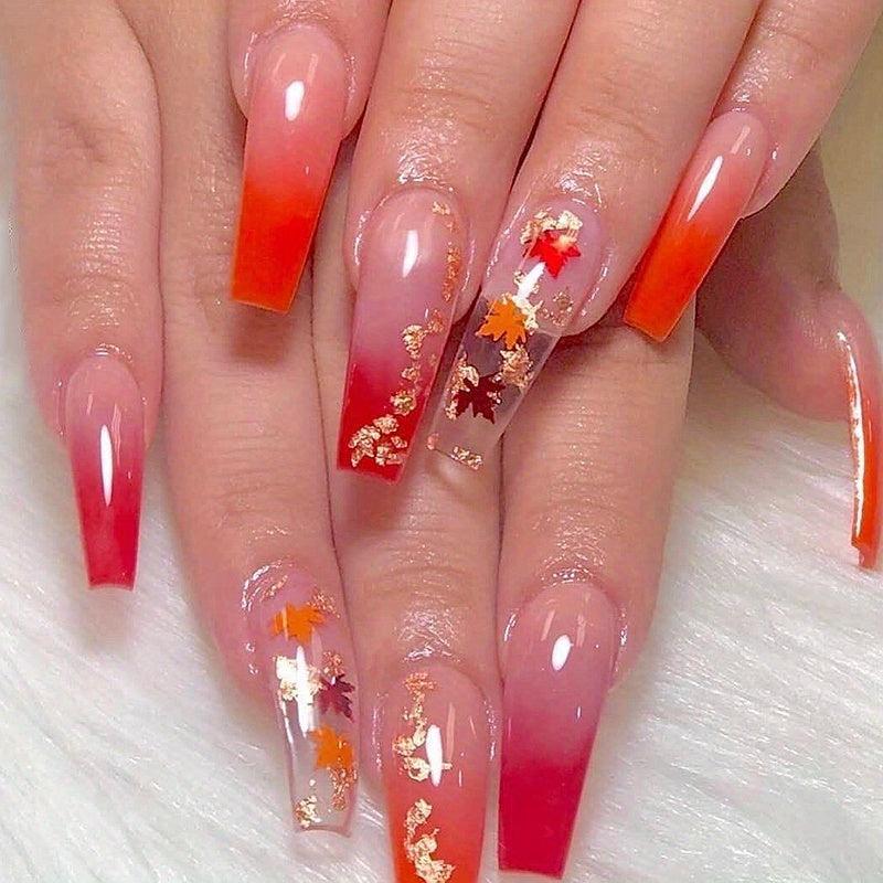 24 pcs Gradient Maple Leaf Coffin Nails with Glitter Sequins and Glue