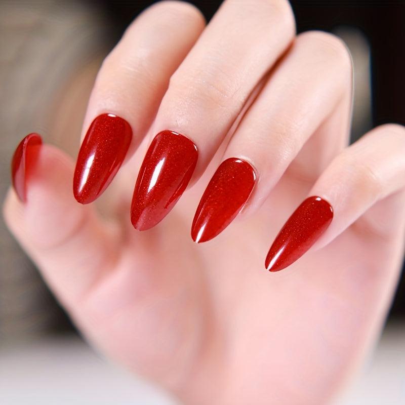 24pcs Red Glitter Press On Nails Full Cover False Nails for Women Glossy