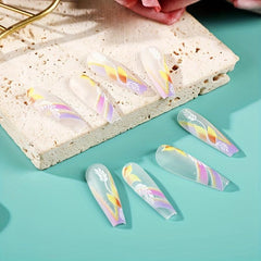 Colorful Glitter Swirl Line Press On Nails with Rhinestone False Nails