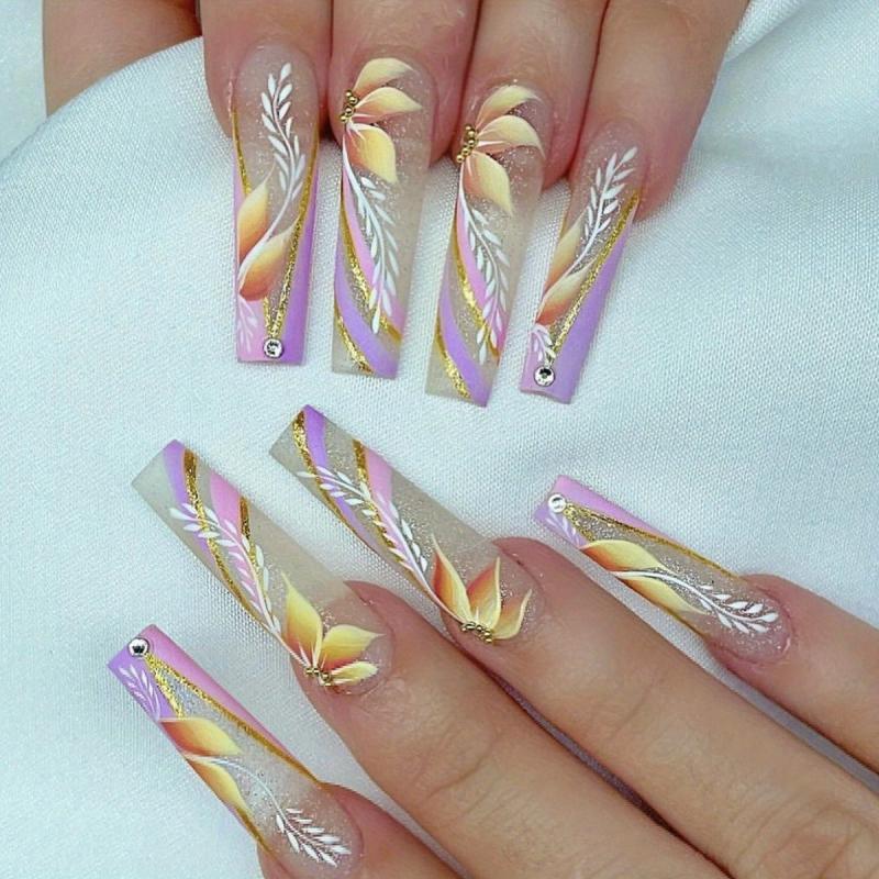 Colorful Glitter Swirl Line Press On Nails with Rhinestone False Nails