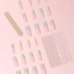 French Long Press On Nails Glossy False Nails 24 Pcs Pink Yellow