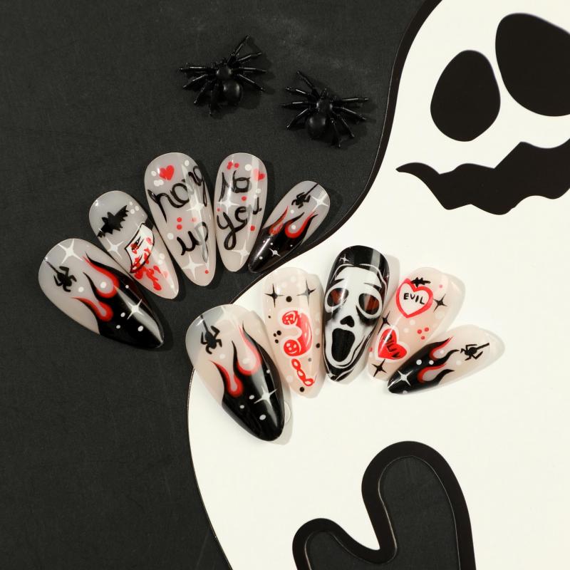 24pcs Halloween Press On Nails Red Ghost Flame Spider Heart Spider False Nails