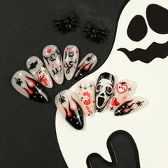 24pcs Halloween Press On Nails Red Ghost Flame Spider Heart Spider False Nails