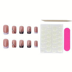 24pcs Glossy French Tips Press On Nails with Rhinestones Medium Length