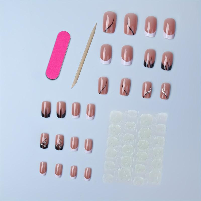 24pcs Glossy French Tips Press On Nails with Rhinestones Medium Length