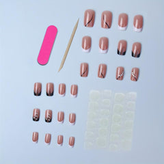 24pcs Glossy French Tips Press On Nails with Rhinestones Medium Length