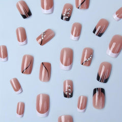 24pcs Glossy French Tips Press On Nails with Rhinestones Medium Length