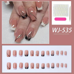 24pcs Glossy French Tips Press On Nails with Rhinestones Medium Length