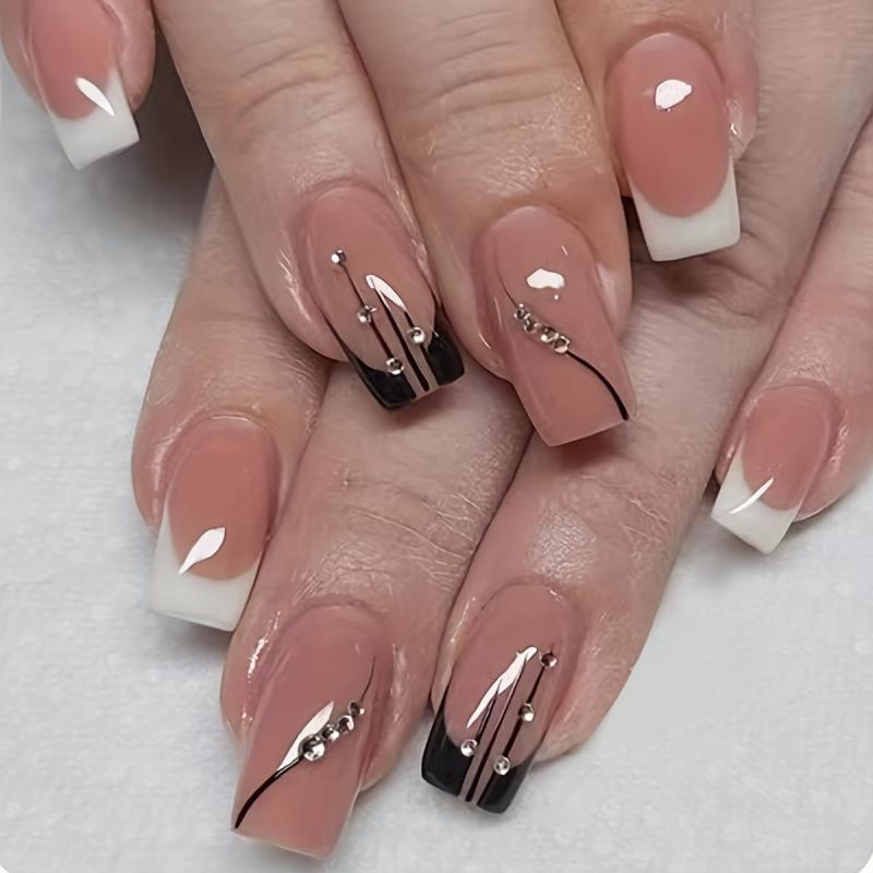 24pcs Glossy French Tips Press On Nails with Rhinestones Medium Length