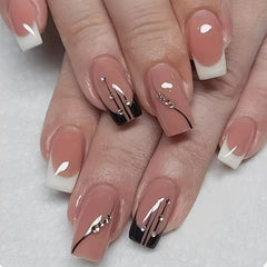 24pcs Glossy French Tips Press On Nails with Rhinestones Medium Length
