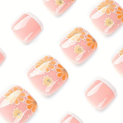 24pcs Yellow Flower Glossy French Tip False Toenails