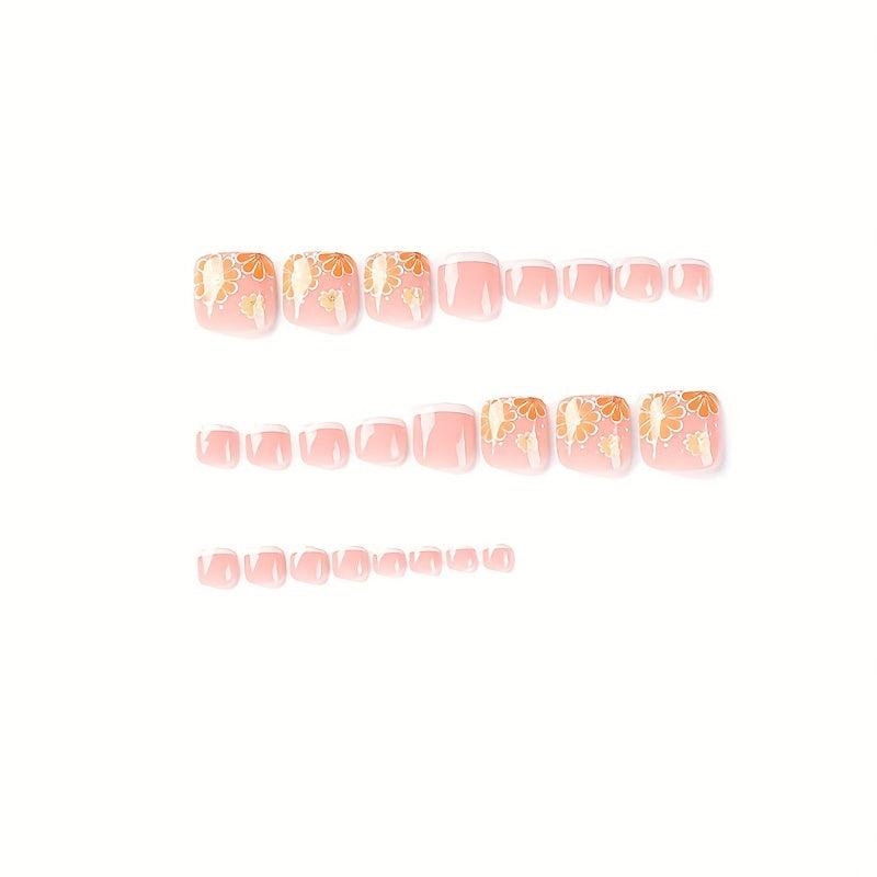 24pcs Yellow Flower Glossy French Tip False Toenails