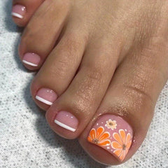 24pcs Yellow Flower Glossy French Tip False Toenails