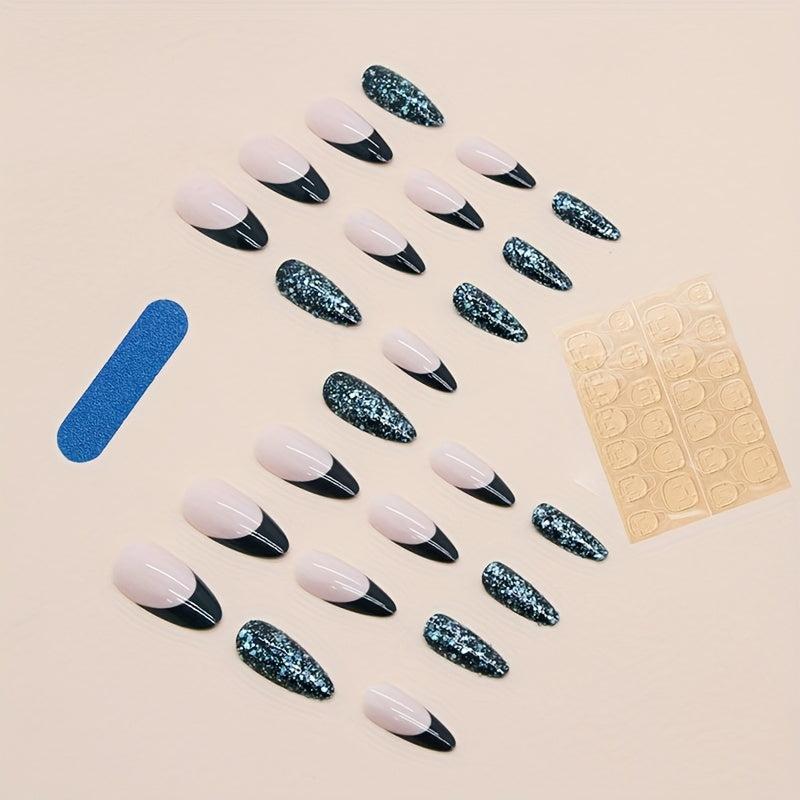 24pcs Green Sequins Press On Nails Long French Acrylic False Nails
