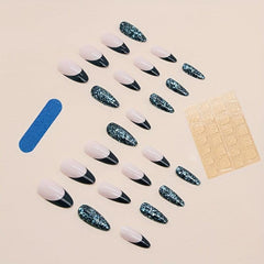 24pcs Green Sequins Press On Nails Long French Acrylic False Nails