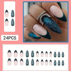 24pcs Green Sequins Press On Nails Long French Acrylic False Nails