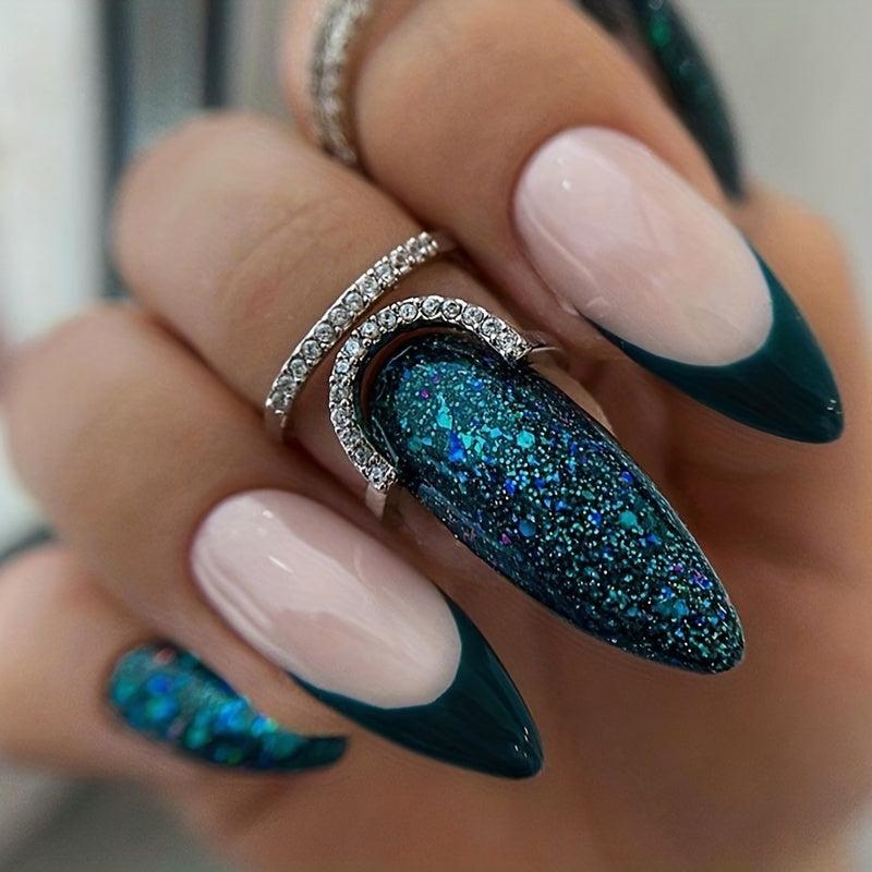 24pcs Green Sequins Press On Nails Long French Acrylic False Nails