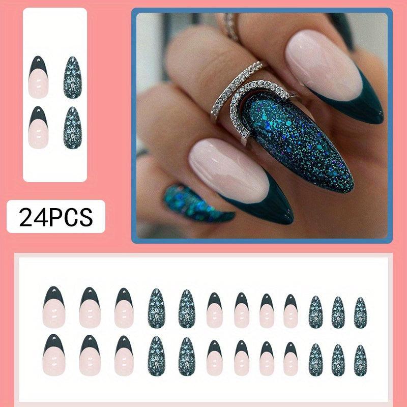 24pcs Green Sequins Press On Nails Long French Acrylic False Nails