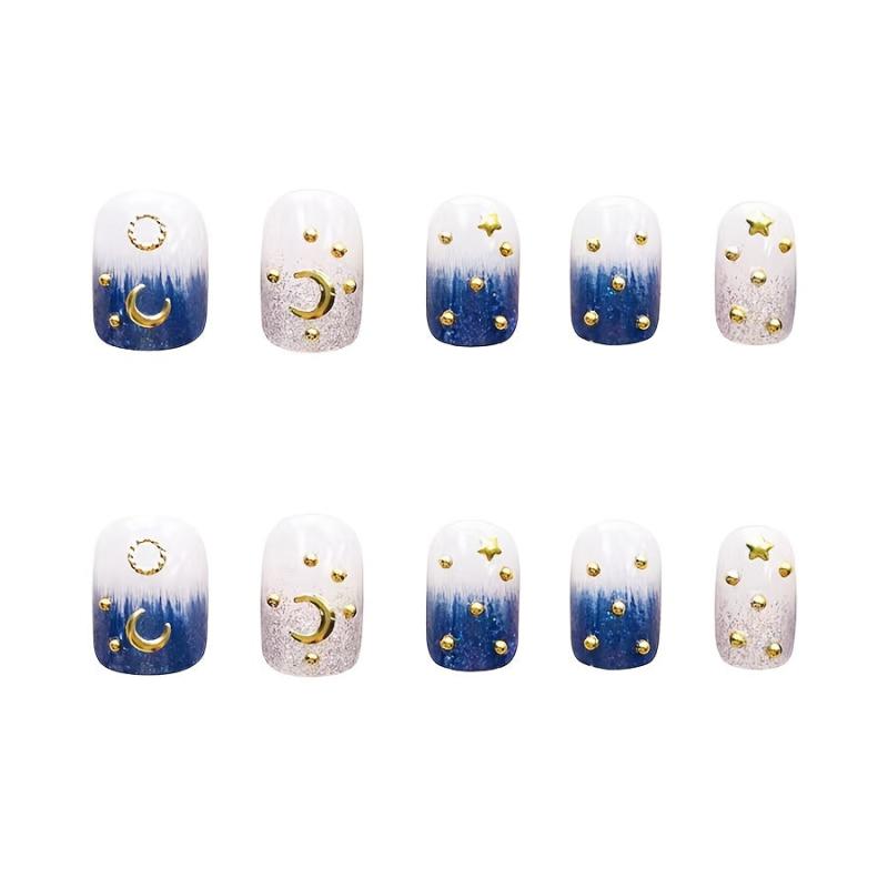 Glossy Gradient Press On Nails with Moon Star Design Medium Square Acrylic Nails