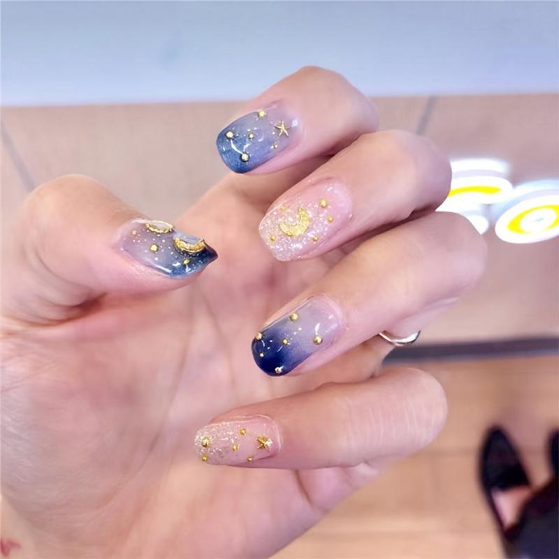Glossy Gradient Press On Nails with Moon Star Design Medium Square Acrylic Nails