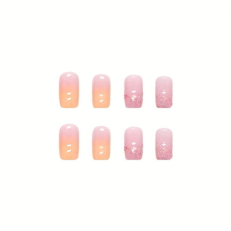 24pcs Gradient French Tip Press On Nails Glitter Sequin Stick On Nails