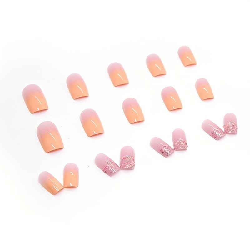 24pcs Gradient French Tip Press On Nails Glitter Sequin Stick On Nails