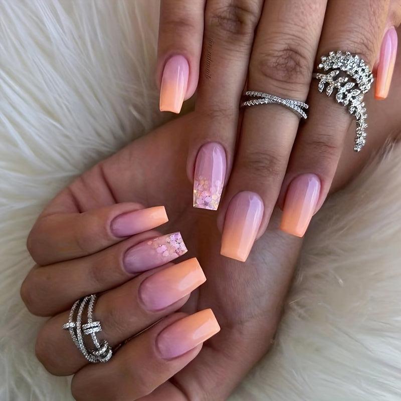 24pcs Gradient French Tip Press On Nails Glitter Sequin Stick On Nails