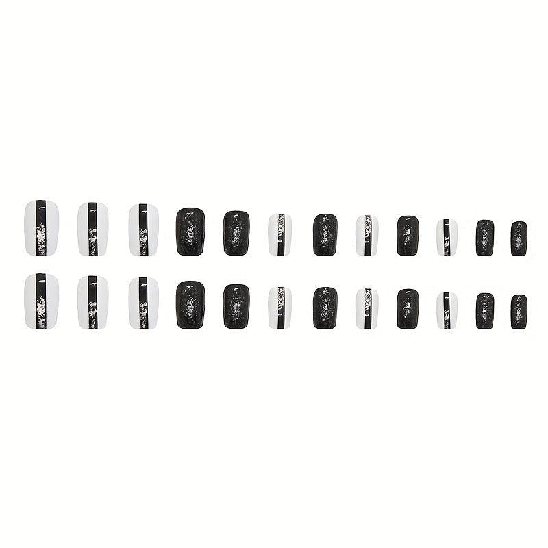 Short Coffin False Nails Line Design Full Cover Glitter Stick On Nails 24Pcs