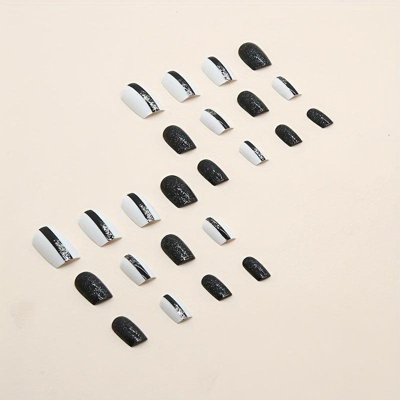 Short Coffin False Nails Line Design Full Cover Glitter Stick On Nails 24Pcs